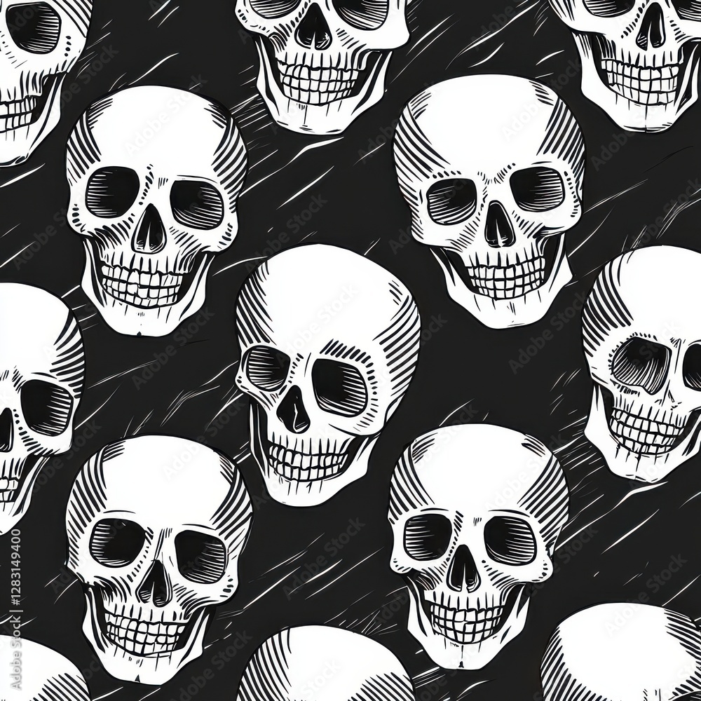 Poster a stark monochrome pattern of skulls on a dark background, creating a bold and edgy design, perfect 