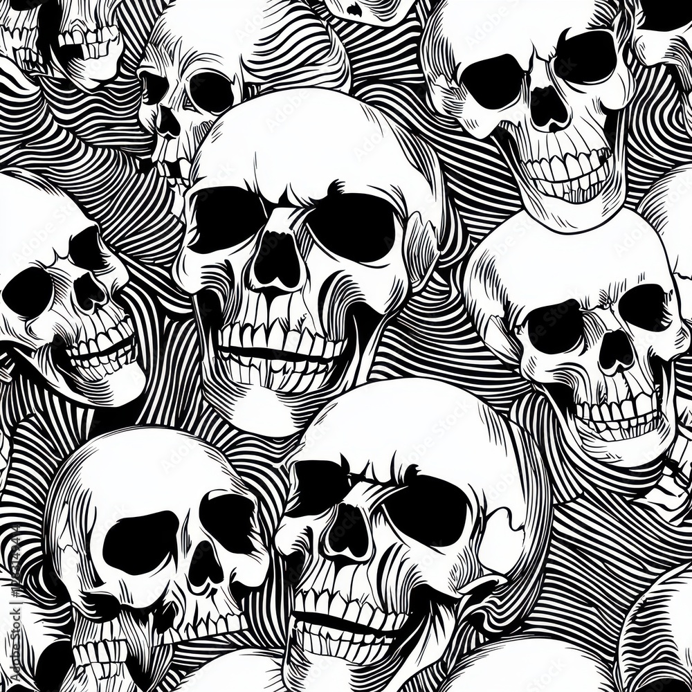 Poster monochrome skull pattern with wavy lines creating a visually striking and dynamic design, suitable f