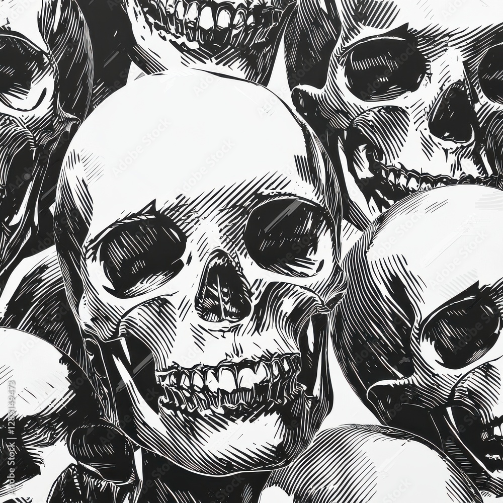 Poster a high-contrast monochrome image featuring multiple skulls in a detailed cross-hatching style, perfe