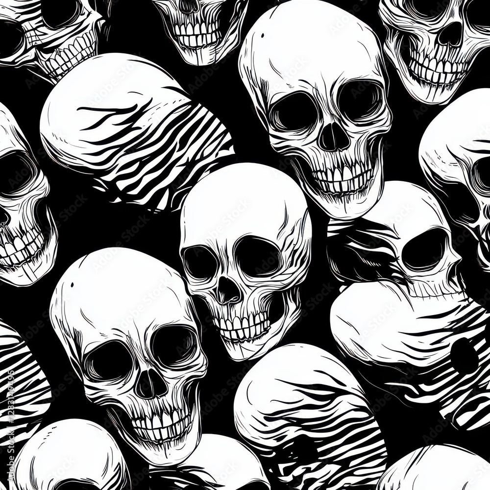 Poster an artistic monochrome seamless pattern featuring skull imagery on a black background, creating an i