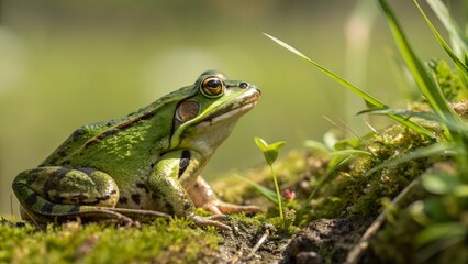 Obraz premium Frog on the Mossy Bank: A vibrant green frog sits serenely on a moss-covered bank, with a blurred natural backdrop, embodying tranquility in nature.