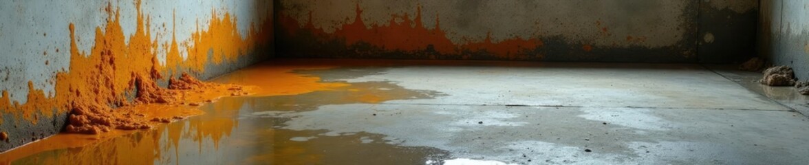 Fungal growths on a water-damaged concrete floor in a basement, moisture, concrete floor