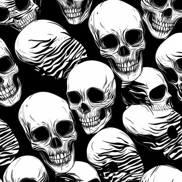 An artistic monochrome seamless pattern featuring skull imagery on a black background, creating an intriguing and somewhat spooky effect.
