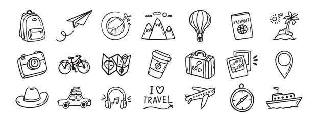 travel doodle hand drawn icon set. Outline drawing travel tourism line clipart symbols