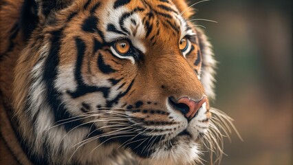 Fototapeta premium Majestic Tiger's Gaze: Close-up portrait of a striking tiger, its intense eyes and distinctive stripes vividly rendered against a subtly blurred background.