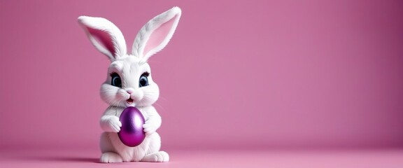 Easter bunny and colored eggs on pink background. Template, banner, happy easter, copy space. AI generated.