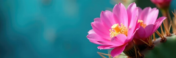 Naklejka premium Macro shot of Opuntia humifusa flowers on a blue flower background, macro photography, bloom