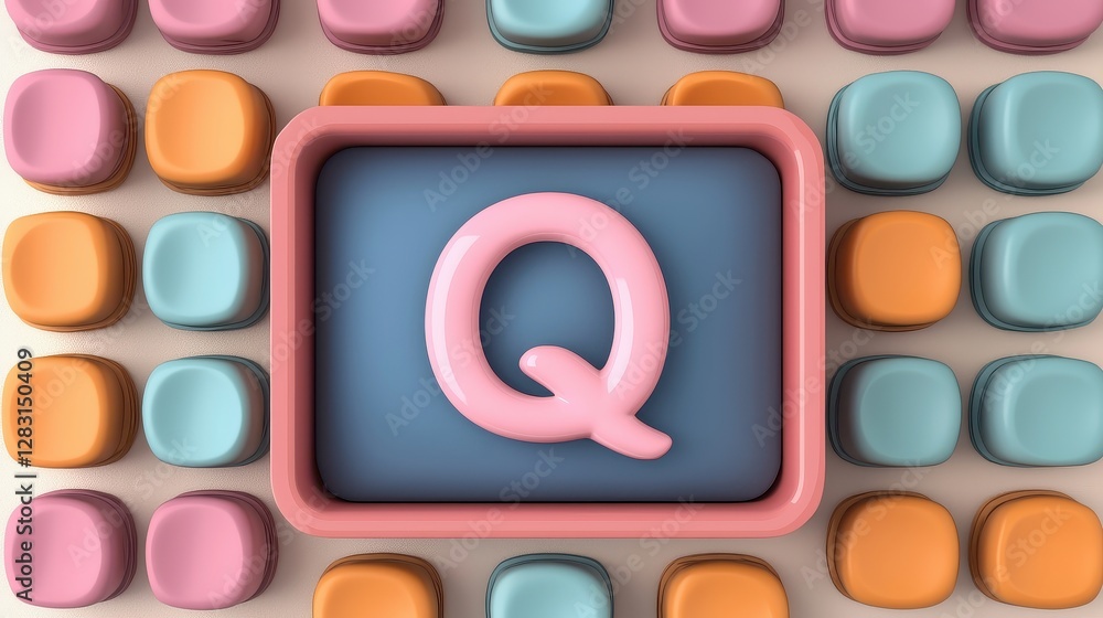 Poster isolated typewriter key featuring letter q surrounded by colorful classic buttons in a playful layou