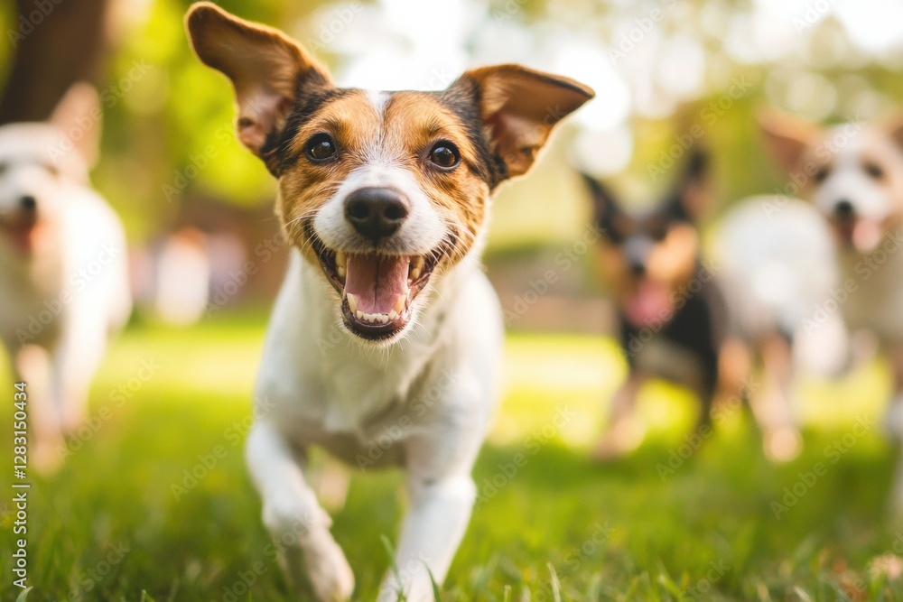 Aufkleber happy dogs running and playing in a sunny park during the afternoon. generative ai