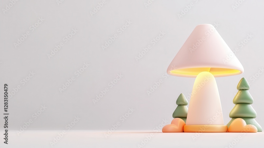 Poster classic white table lamp with cone shaped shade and playful accents of trees and stones on a minimal
