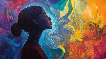 Serene Woman Within Vibrant Abstract Background