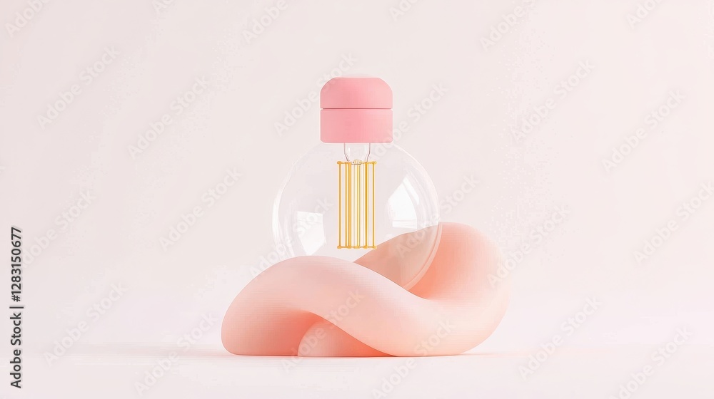 Aufkleber clear glass lightbulb with glowing filament resting on soft pink base in minimalist design setting