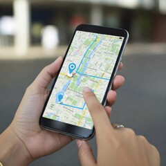 Woman using navigation app on smartphone for city exploration