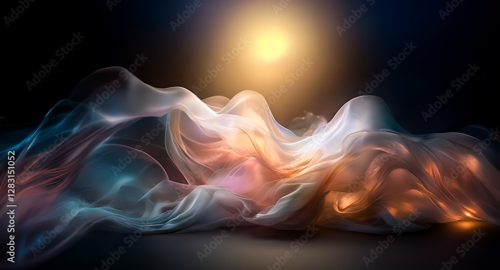 Poster abstract flowing waves of colorful smoke-like fabric are illuminated by a bright light source, creat