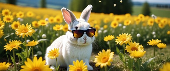 Fototapeta premium Easter bunny in sunglasses, flowers and colored eggs, happy easter concept.