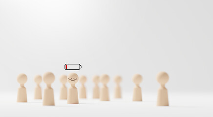 Introvert concept design of wooden people with low battery icon standing among wooden people on white background with copy space 3d render