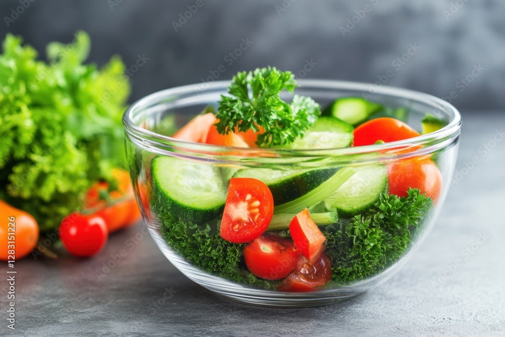 Aufkleber fresh vegetable salad with tomatoes and cucumbers in a clear bowl for a healthy meal preparation in 