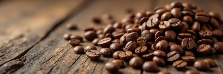 Obraz premium Rich brown coffee beans scattered on a wooden surface, coffee lover, natural, coffee table