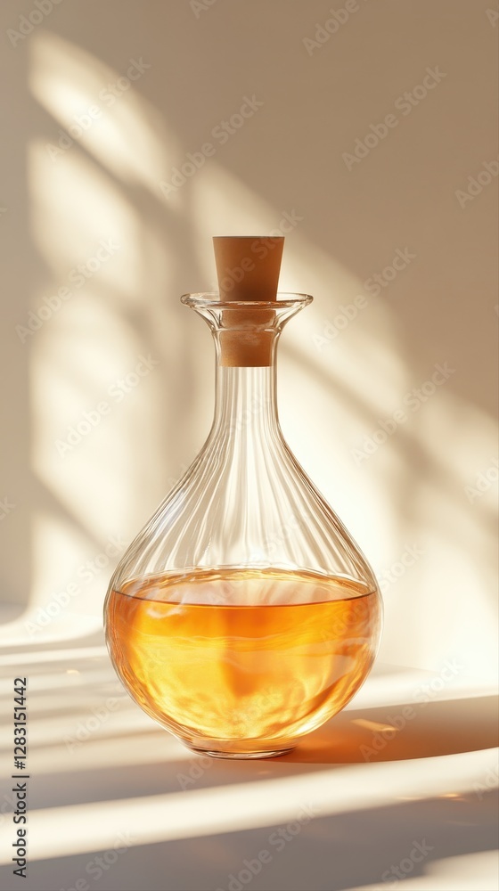 Poster an elegant glass decum bottle displayed on a minimalistic surface capturing light and enhancing its 