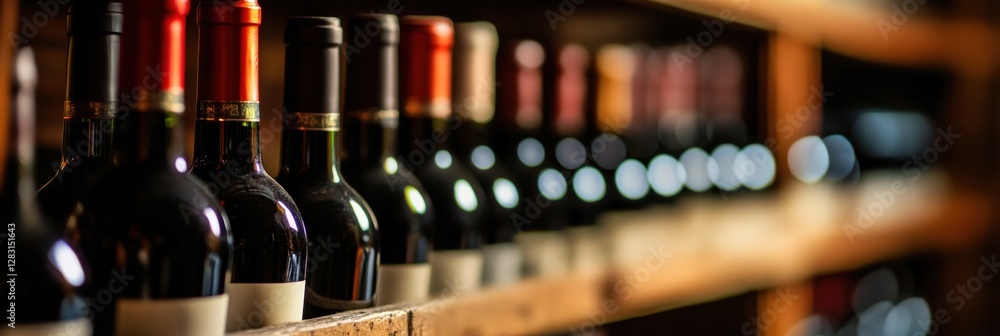Aufkleber Collection of wine bottles displayed on wooden shelves in a rustic cellar filled with warm light. Generative AI