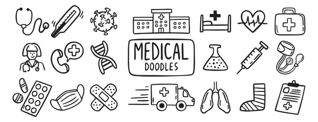 medical health care doodle hand drawn icon set. Outline drawing medical health care items line clipart symbol collection. Outline drawing line clipart symbol collection