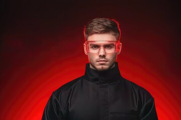 Obraz premium A young man in glasses stands against a dark red background, exuding a modern and edgy vibe.