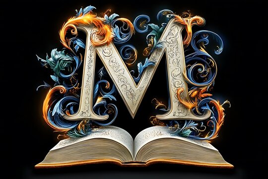 Creative book design featuring ornate letter m fantasy theme digital art dark background