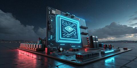 Digital computing center with neon-lit design featuring futuristic technology systems, cybersecurity, and next-gen computing innovation for business and tech startups