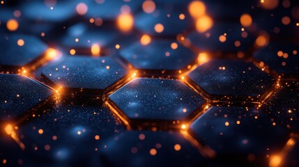 Futuristic hexagonal grid, glowing particles, technological background