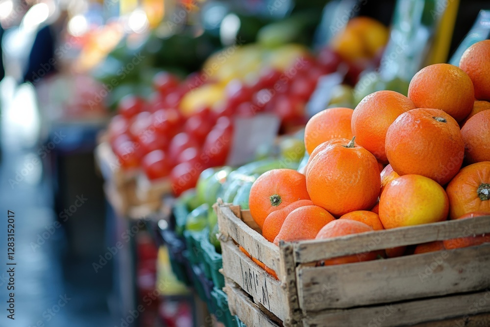 Aufkleber fresh oranges in wooden crates at a vibrant local market filled with various fruits and vegetables. 