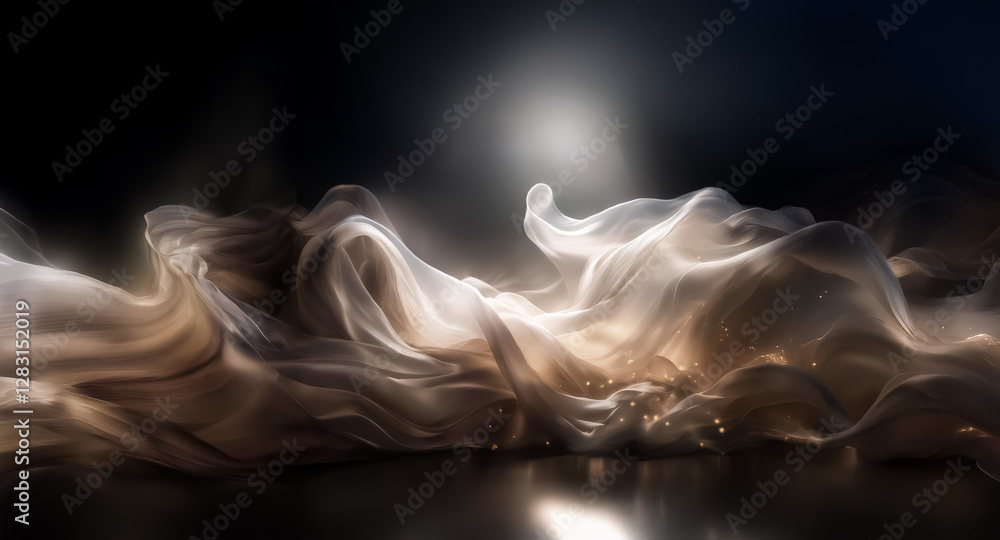 Poster ethereal waves of luminous, flowing matter cascade across a dark reflective surface, illuminated by 