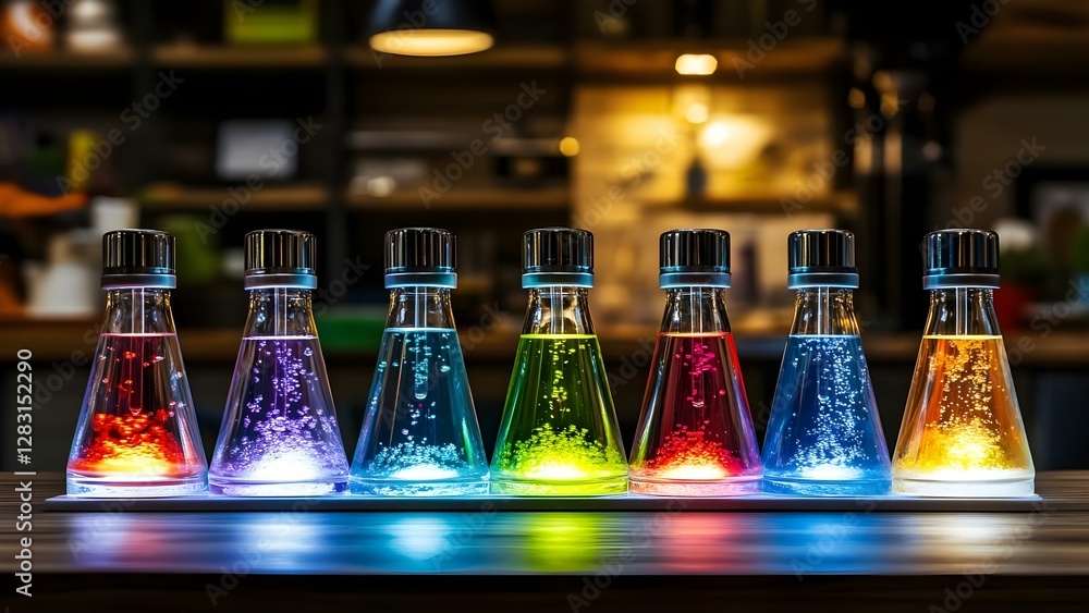 Aufkleber a row of colorful glass bottles displaying luminous liquids with bubbles, illuminated against a blur