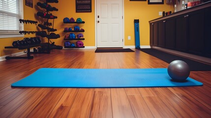 Neatly Arranged Fitness Equipment including Yoga Mat Kettlebell and Foam Roller in a Home Gym Setting Promoting a Healthy Lifestyle and Wellness