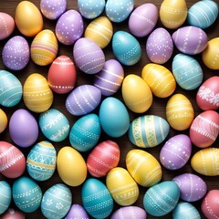 Colored Easter eggs background. Happy Easter template, banner. AI generated.
