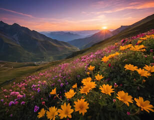 Obraz premium Mountain landscape with colorful flowers, with yellow flowers, sunrise in the mountains,