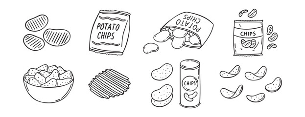 Potato chips doodle hand drawn icon set. Outline drawing crispy snack line clipart symbol