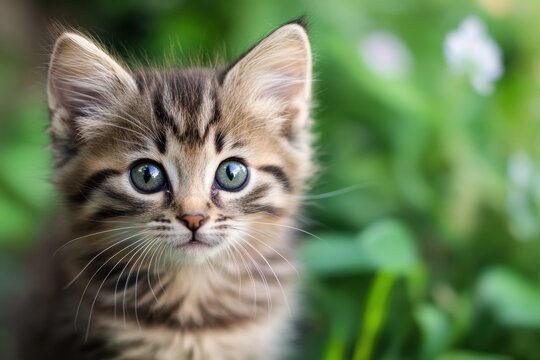 Curious tabby kitten with bright blue eyes sitting in a garden filled with green plants and flowers during daylight. Generative AI