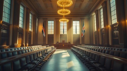 A legislative hall with rows of benches and a central podium. Featuring a solemn atmosphere of lawmaking and governance
