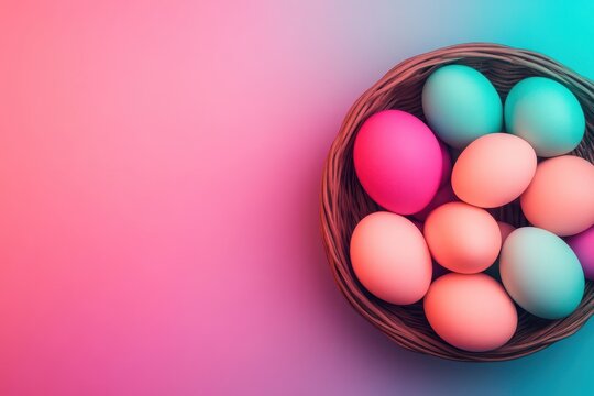 Colorful Easter eggs in a basket on a pastel background ready for a spring celebration and family fun