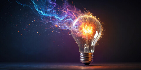 Electrified glowing light bulb representing energy, power, technological advancements, innovation, and the future of artificial intelligence research.