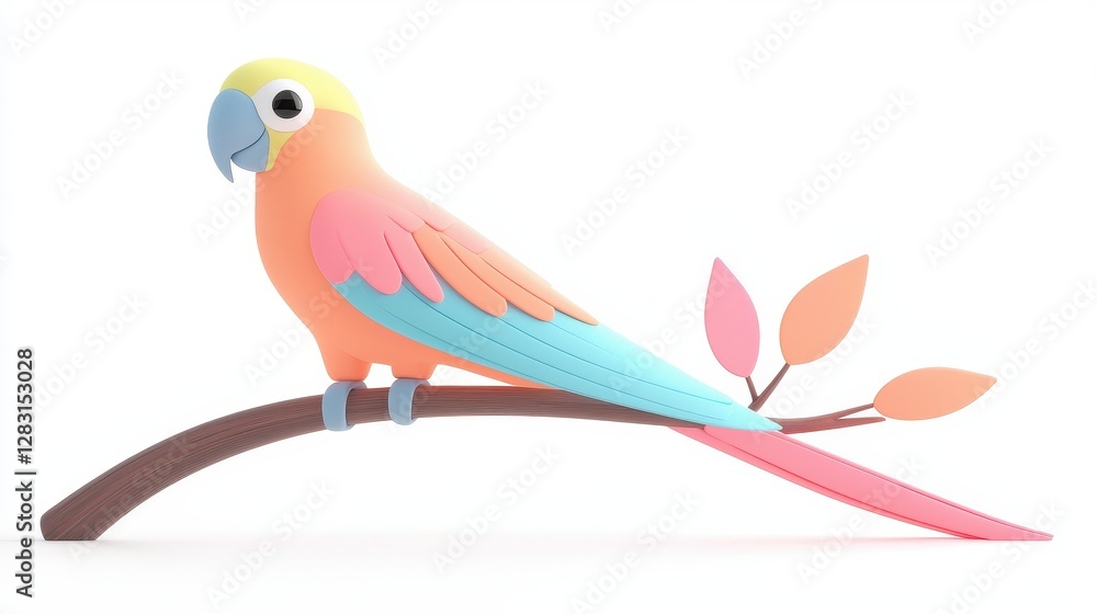 Poster colorful parrot perched on branch isolated on white background capture in whimsical style
