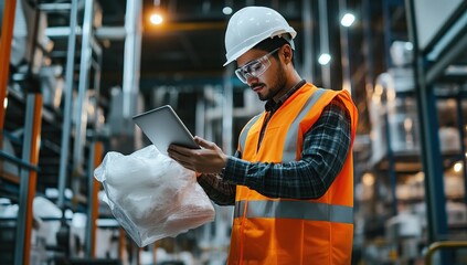 Warehouse Worker Efficiently Manages Inventory Using a Tablet in a Modern Facility, Optimizing Logistics and Streamlining Processes.