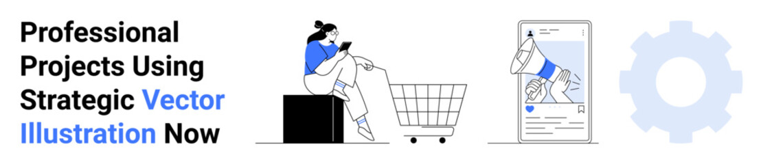 Woman browsing on her phone beside a shopping cart, smartphone screen with strategic tools, large gear. Ideal for e-commerce, technology, digital solutions, teamwork, workflow, UXUI flat landing