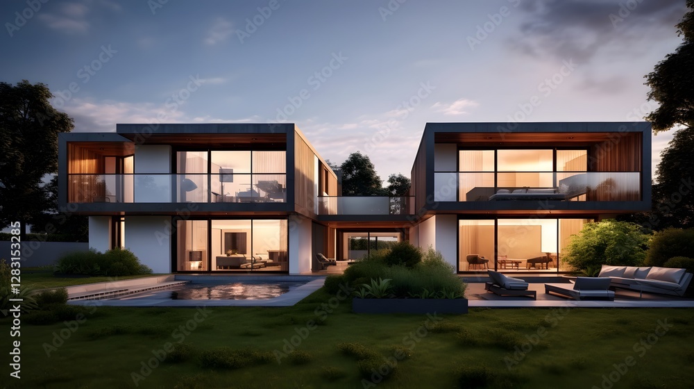 Poster elegant contemporary home exterior with automated smart lighting system turning on automatically at 