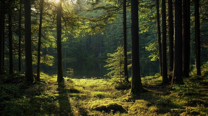 Obraz premium Serene Forest Lake at Sunrise: A Tranquil Escape into Nature's Embrace