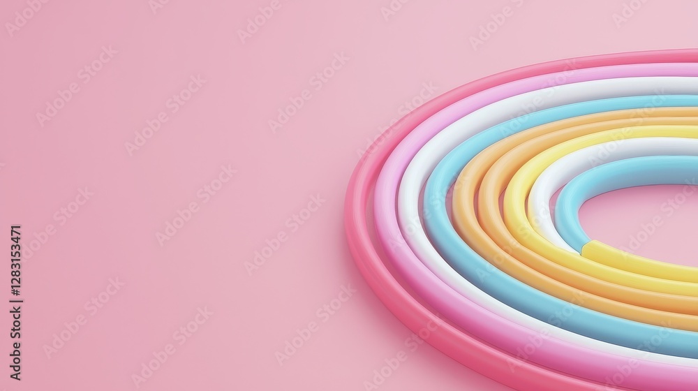 Poster vibrant array of colorful rubber bands forming a playful rainbow on a soft pink background