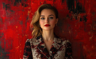 Fototapeta premium Elegant model posing against a bold red abstract background fashion photography artistic expression