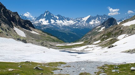Obraz premium Majestic Alpine Landscape: Snow-Covered Valley and Mountain Peaks