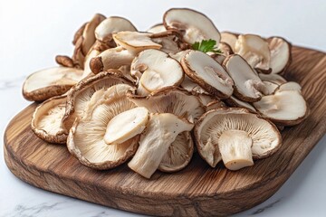 Sliced Shiitake Mushrooms Arranged Artistically on a Wooden Cutting Board. Generative AI