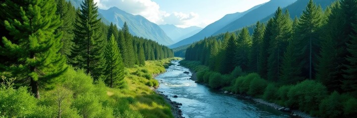 Obraz premium Valley with dense forests of spruce trees and a winding river, calm, nature, green